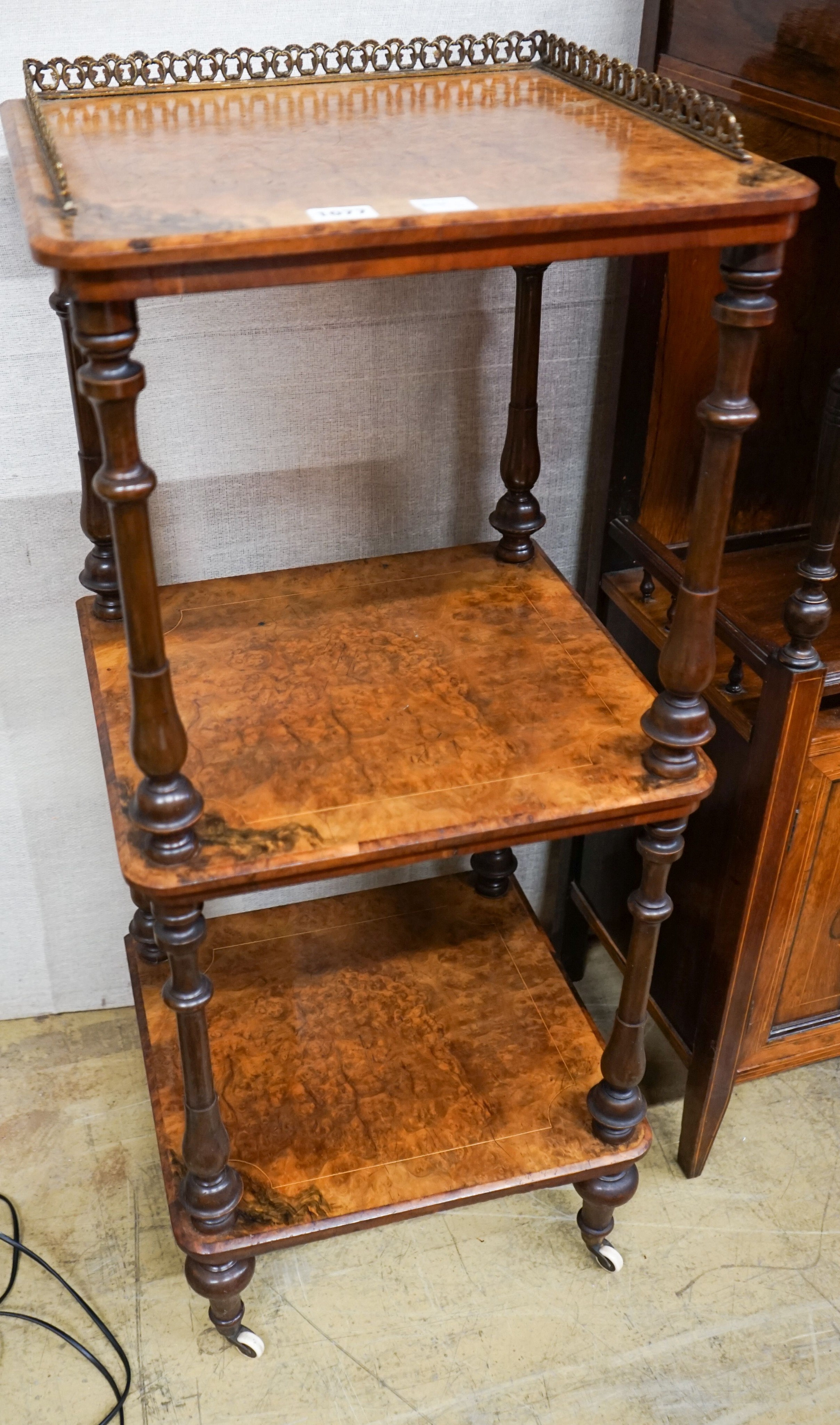 A Victorian burr walnut three tier whatnot, width 41cm, depth 38cm, height 98cm